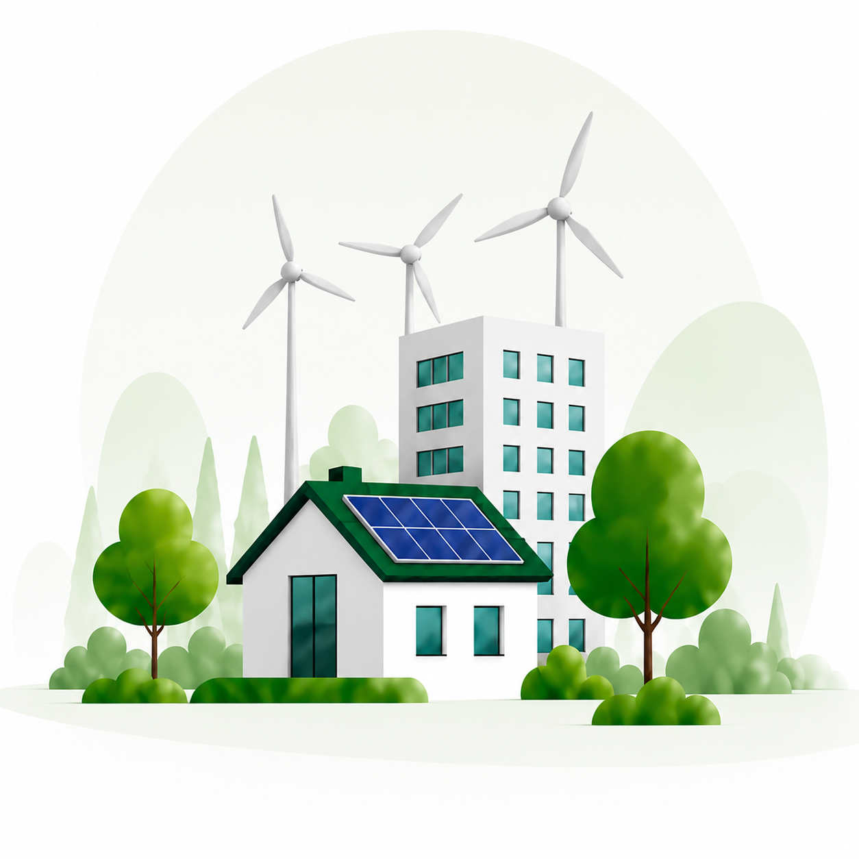 Woning met zonnepanelen, bomen en windmolens